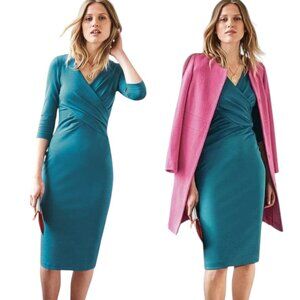 Boden Connie Crossover Front Ponte Knit Midi Dress - Teal - 4